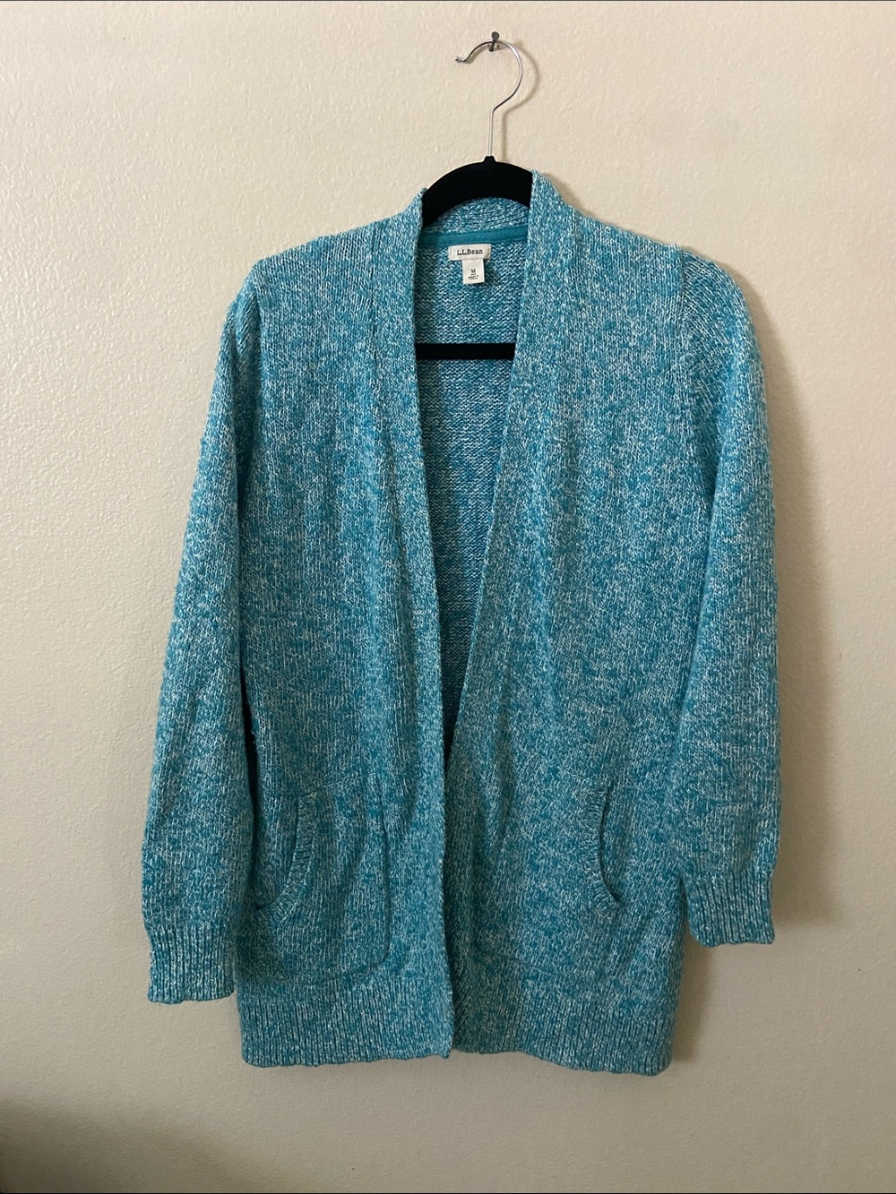 L.L. Bean Women's Open-Front Teal Marled Cardigan Sweater